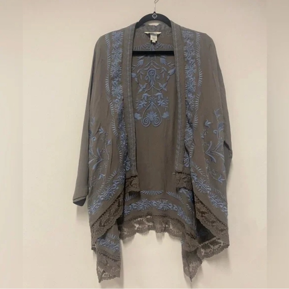 Sundance Long Life Kimono Size Small Blue Gray Embroidered Open Knit - Picture 4 of 4